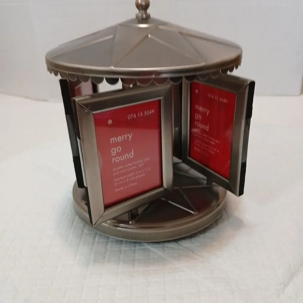 VTG Merry Go Round Double Sided Frame Spin & Unit 360° 2×3 Photos Metal Pewter